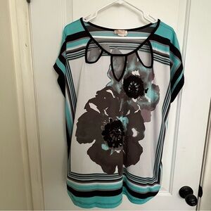 Lavish Women's Top - Aqua, Black, and White Floral
